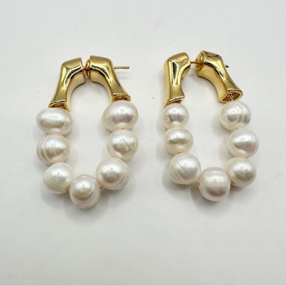 Freshwater Pearl Hoop Earring Gold plated Stainless Steel Preppy Classic Jewelry - Picture 3 of 9